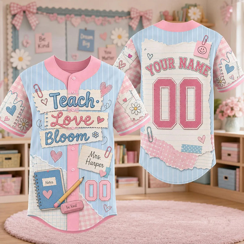 Personalized Name And Number Teach Love Bloom Teacher Baseball Jersey