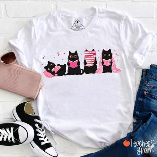 Pink Ribbon Reading Black Cat Teacher T-Shirt