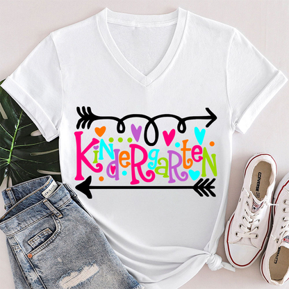 Personalized Grade Curly Font Teacher Female V-Neck T-Shirt