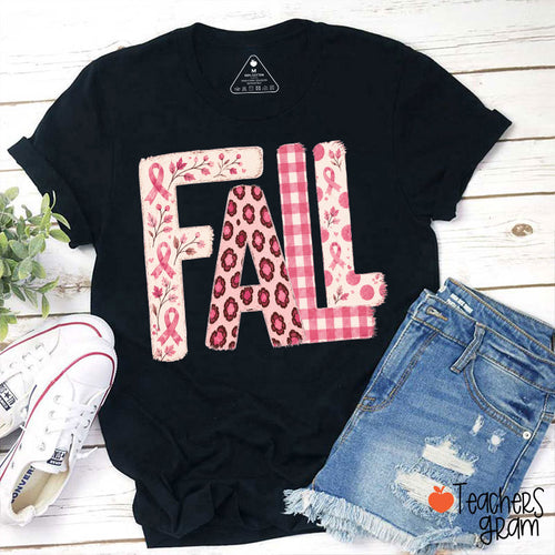 Pink Ribbon Fall Breast Cancer Teacher T-Shirt