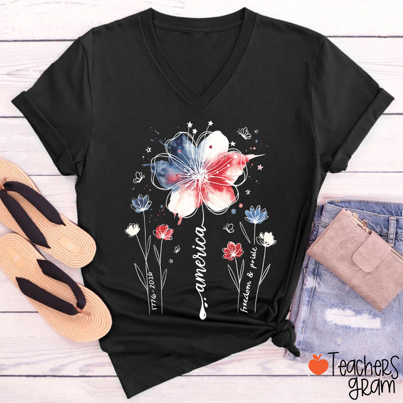 1776-2026 America Freedom And Pride Teacher Female V-Neck T-Shirt