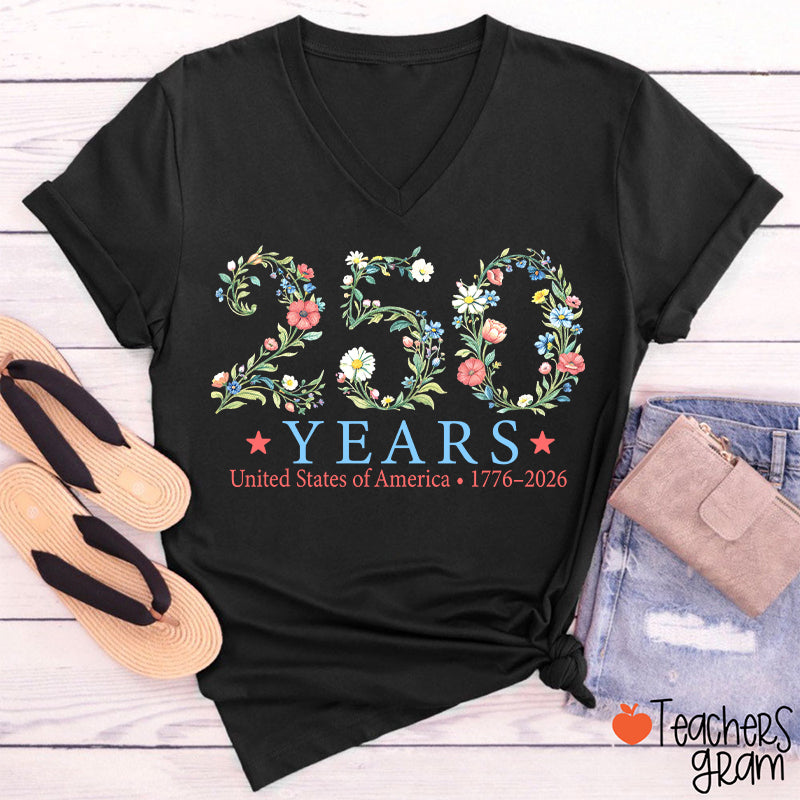 USA 250th Anniversary Floral Teacher Female V-Neck T-Shirt
