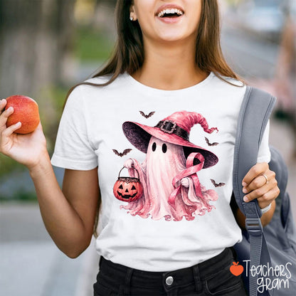 Pink Ribbon Ghost Witch Teacher T-Shirt