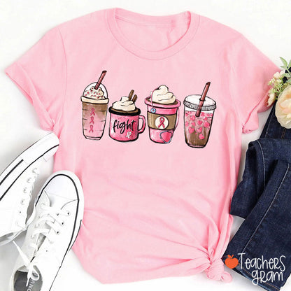 Pink Ribbon Inspirational Coffee Teacher T-Shirt
