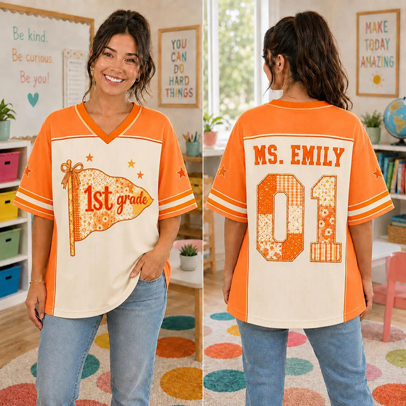 Personalized Grade And Name Preppy Patchwork Pennant First Day Teacher Mesh Jersey