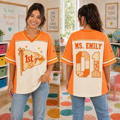 Personalized Grade And Name Preppy Patchwork Pennant First Day Teacher Mesh Jersey