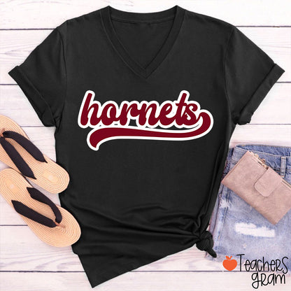 Personalized Mascot School Spirit Contrasting Colors Teacher Female V-Neck T-Shirt
