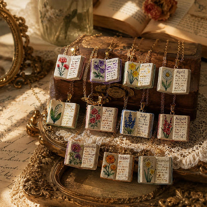 Hand-Painted Floral Design Porcelain Book Teacher Necklace