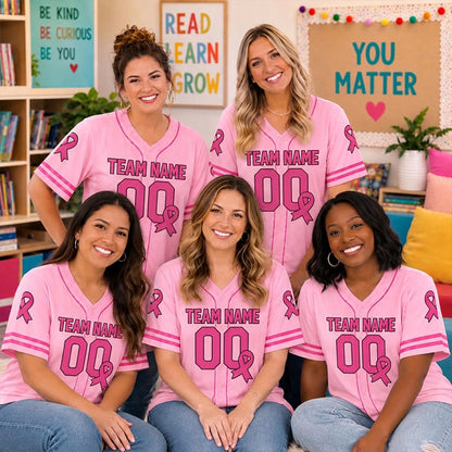 Personalized Name Number Pink Ribbon Decor Teacher Baseball Jersey
