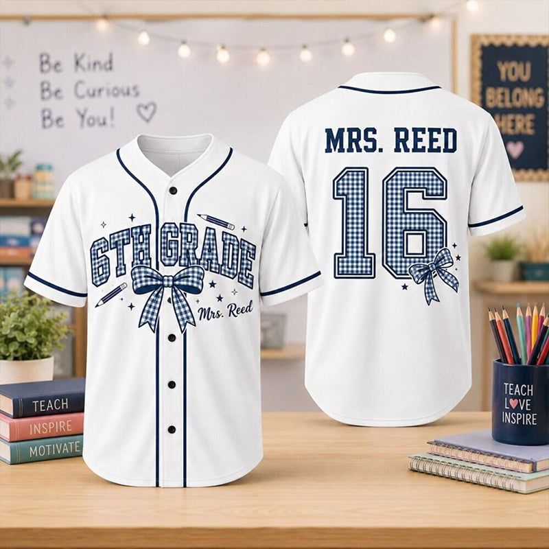 Personalized Grade Name Gingham Bow Teacher Baseball Jersey