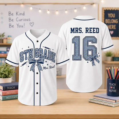 Personalized Grade Name Gingham Bow Teacher Baseball Jersey