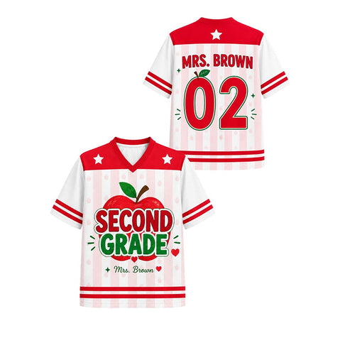 Personalized Grade And Name Red Pencil Stripes Teacher Mesh Jersey