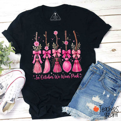 In October We Wear Pink Pink Witch Broom Floral Bow Teacher T-Shirt