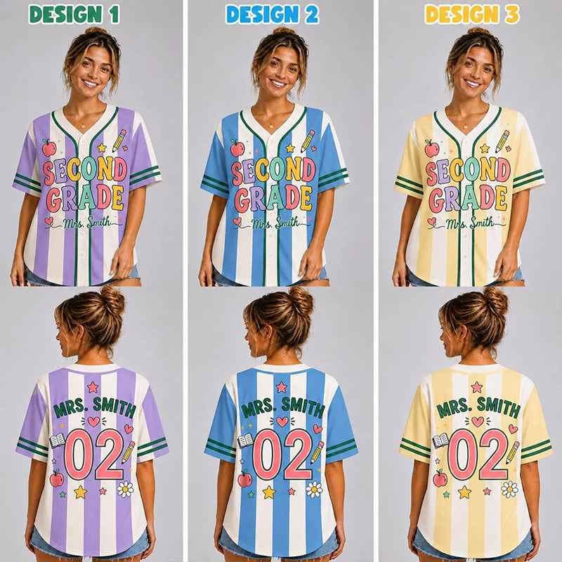 Personalized Grade And Name Preppy Vertical Stripes Baseball First Day Teacher Baseball Jersey