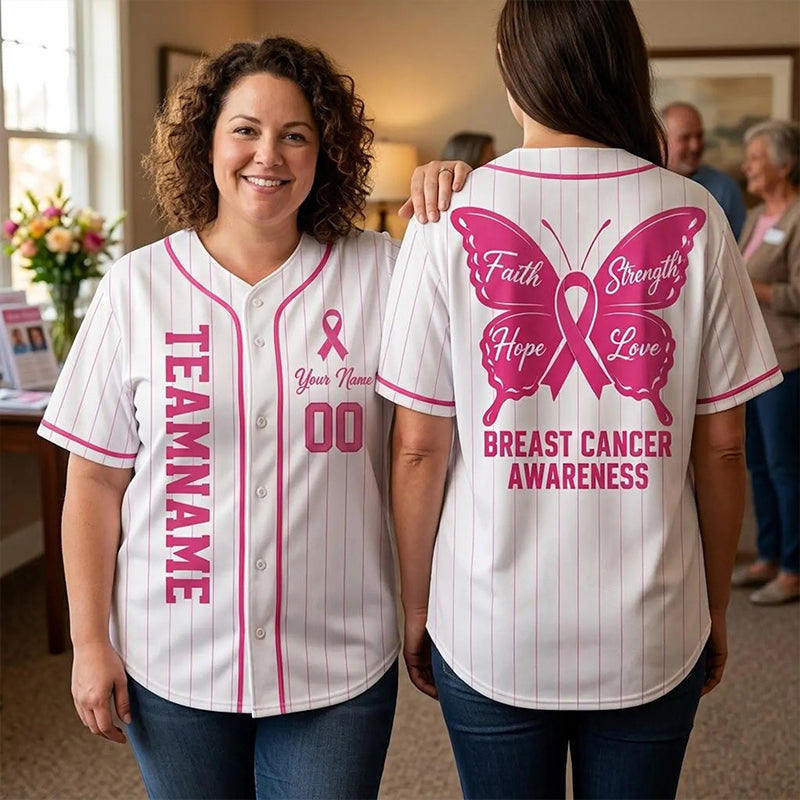 Personalized Name Name Number Pink Ribbon Butterfly Decor Teacher Baseball Jersey