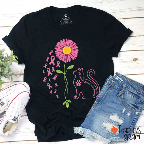 Pink Ribbon Daisy And Cat Silhouette Art Teacher T-Shirt