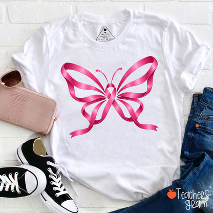 Pink Ribbon Butterfly Teacher T-Shirt