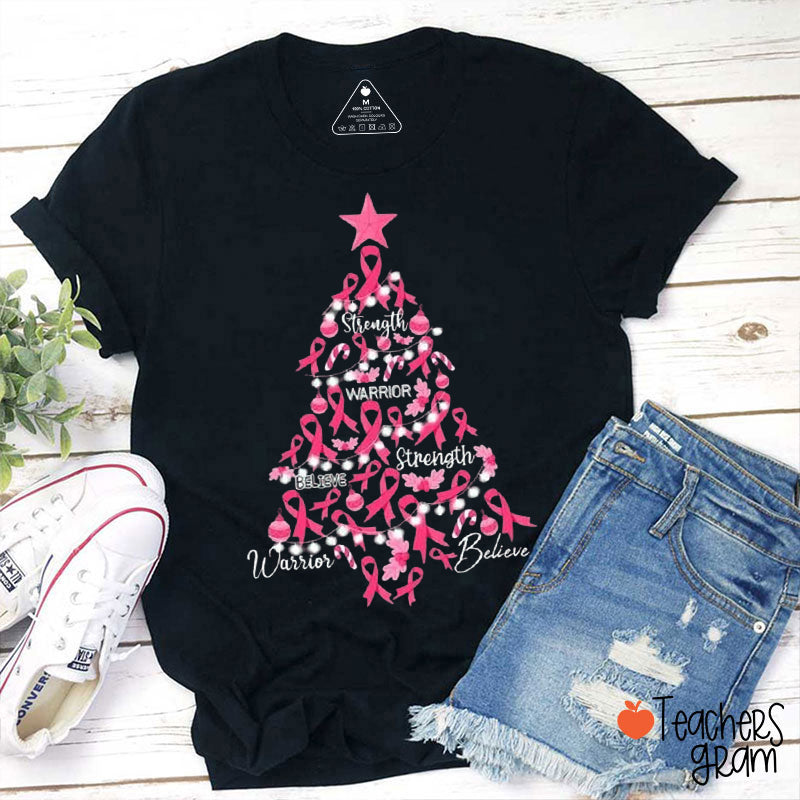 Pink Ribbon Christmas Tree Teacher T-Shirt