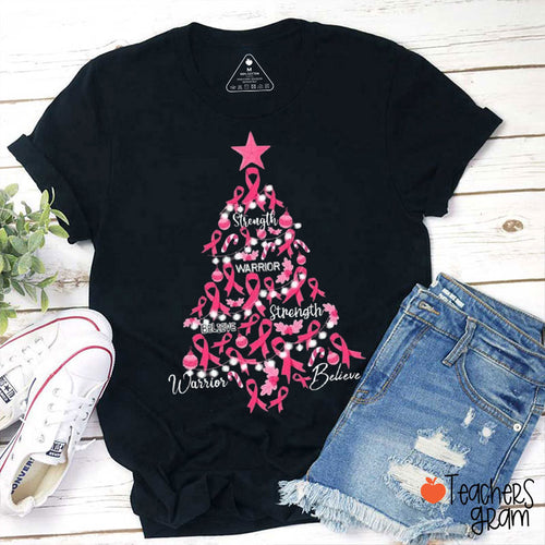 Pink Ribbon Christmas Tree Teacher T-Shirt