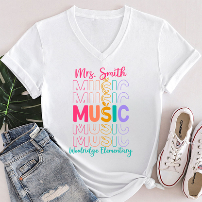 Personalized Colorful Apple Teacher Female V-Neck T-Shirt