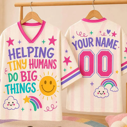Personalized Name Preppy Stripes Helping Tiny Humans Rainbow Teacher Mesh Jersey