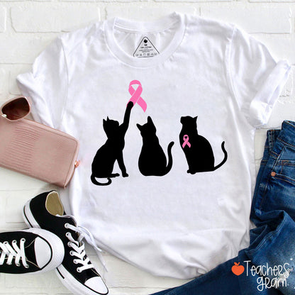 Pink Ribbon Black Cat Silhouette Awareness Graphic Teacher T-Shirt