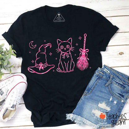 Pink Witch Broom Hat Cat Teacher T-Shirt