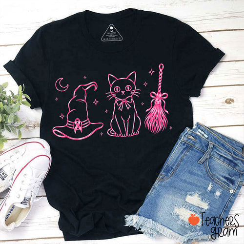 Pink Witch Broom Hat Cat Teacher T-Shirt