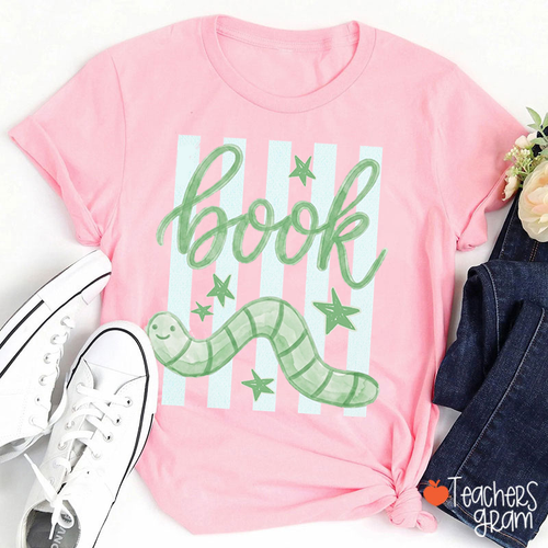Watercolor Bookworm Star Stripes Reading Theme Teacher T-Shirt