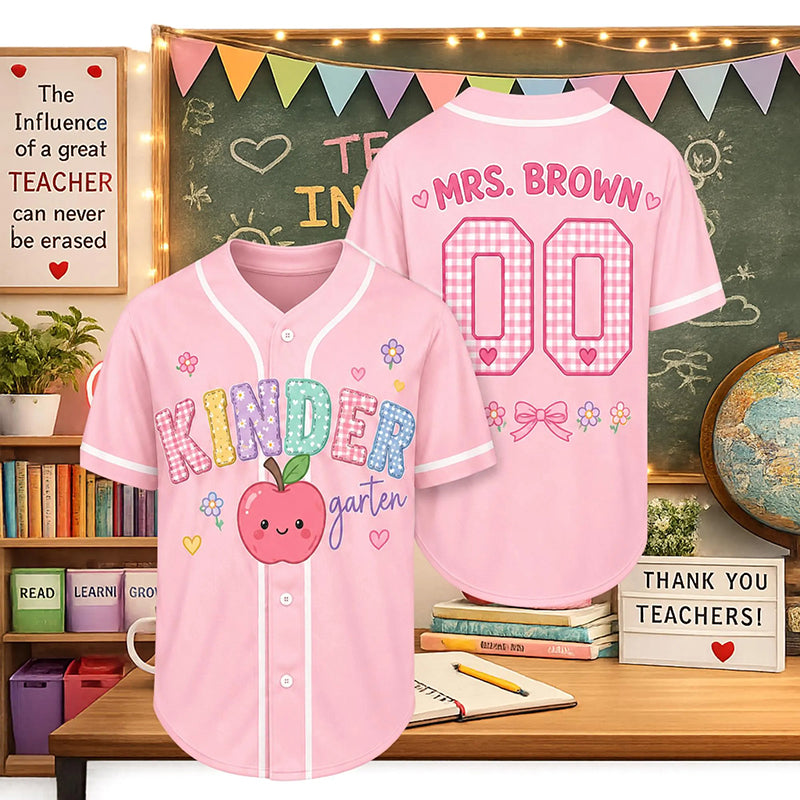 Personalized Grade And Name Apple Gingham Teacher Baseball Jersey
