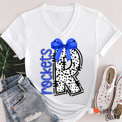 Personalized Mascot Coquette Bow Polka Dot V-Neck T-Shirt