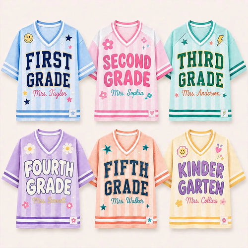 Personalized Grade And Name Preppy Pastel Stripes Doodle First Day Teacher Mesh Jersey