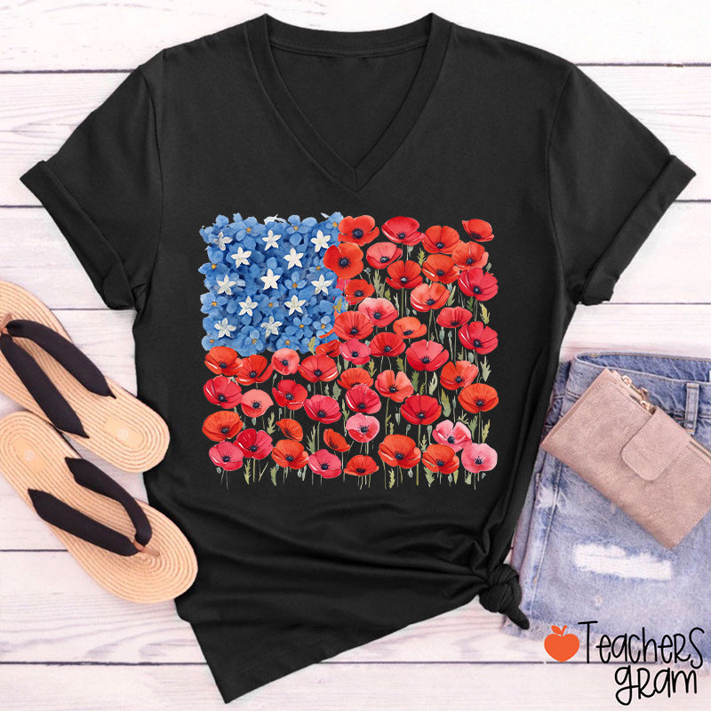 Floral USA Flag 250th Anniversary Teacher Female V-Neck T-Shirt