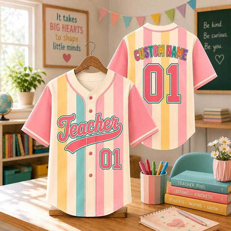 Personalized Name And Number Colorful Vertical Striped Teacher Baseball Jersey