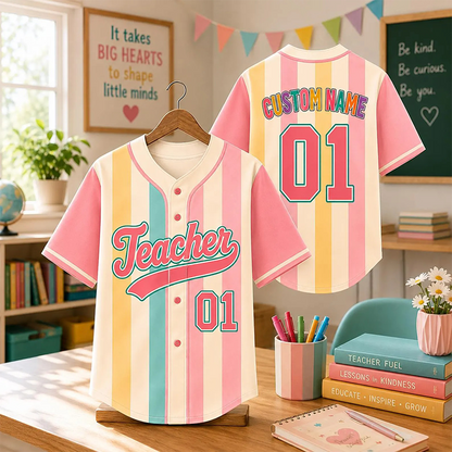 Personalized Name And Number Colorful Vertical Striped Teacher Baseball Jersey