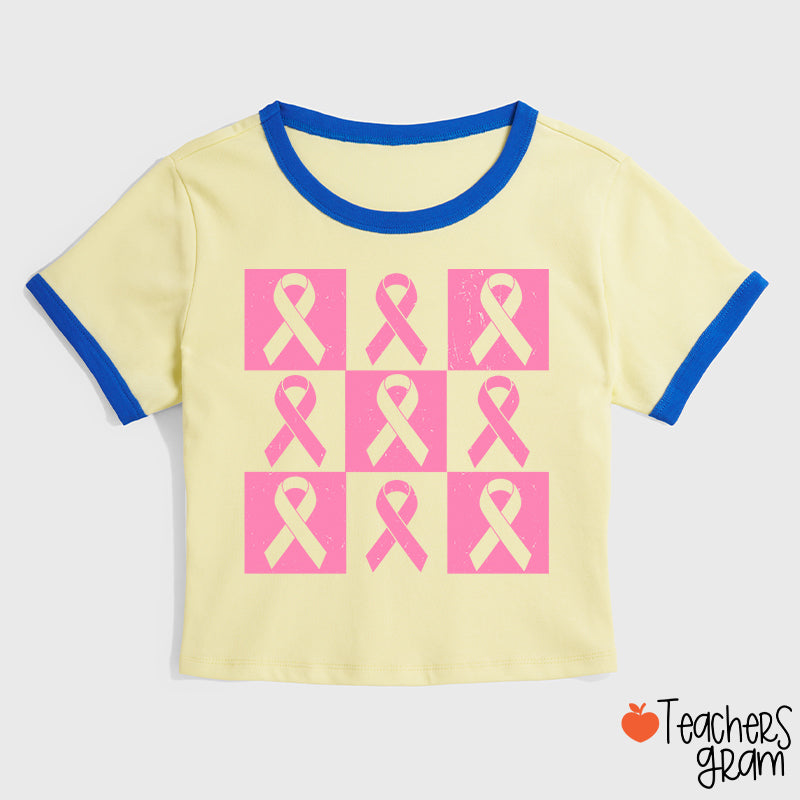 Pink Ribbon Breast Cancer Awareness Teacher Ringer T-Shirt