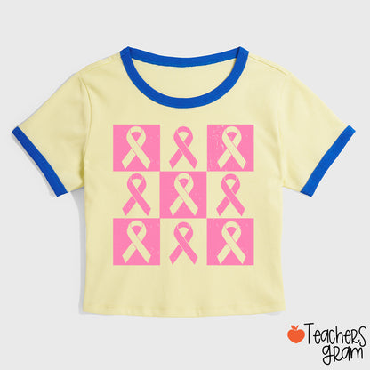 Pink Ribbon Breast Cancer Awareness Teacher Ringer T-Shirt