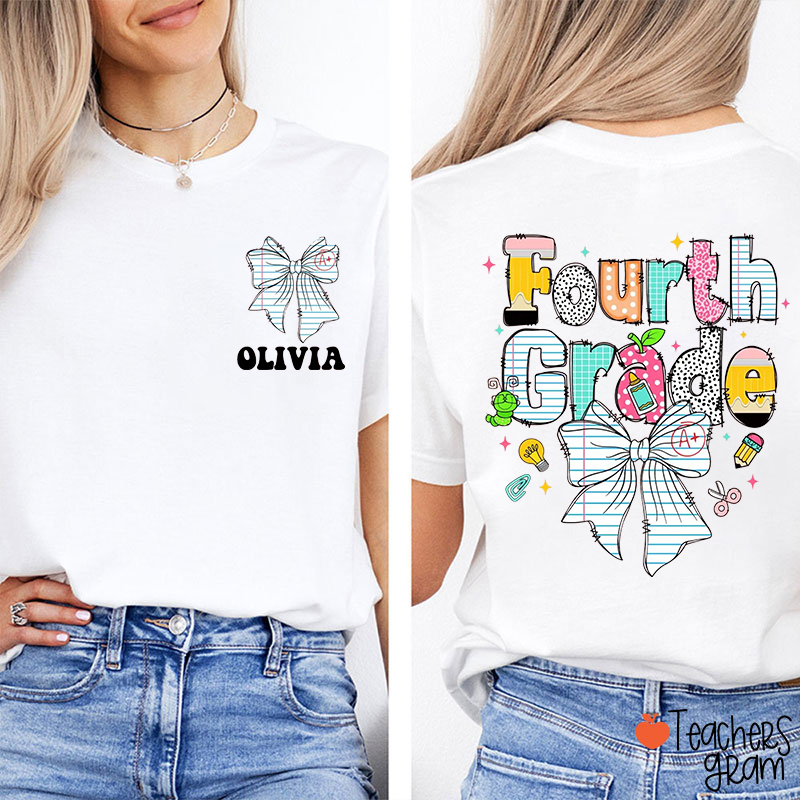 Personalized Grade Name Bow Pencil Notebook Caterpillar Teacher Two Sided T-Shirt