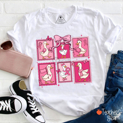 Silly Goose Pink Ribbon Stamp Collage Hope Graphic Teacher T-Shirt
