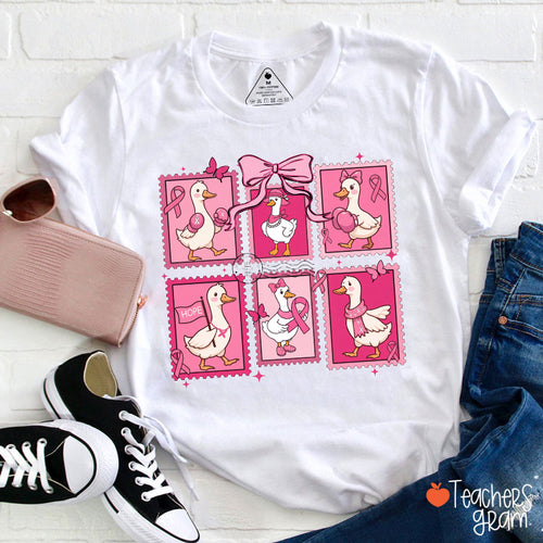 Silly Goose Pink Ribbon Stamp Collage Hope Graphic Teacher T-Shirt