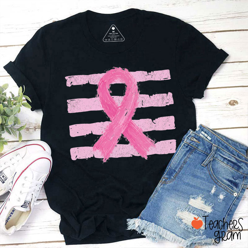 Pink Ribbon Distressed Flag Teacher T-Shirt