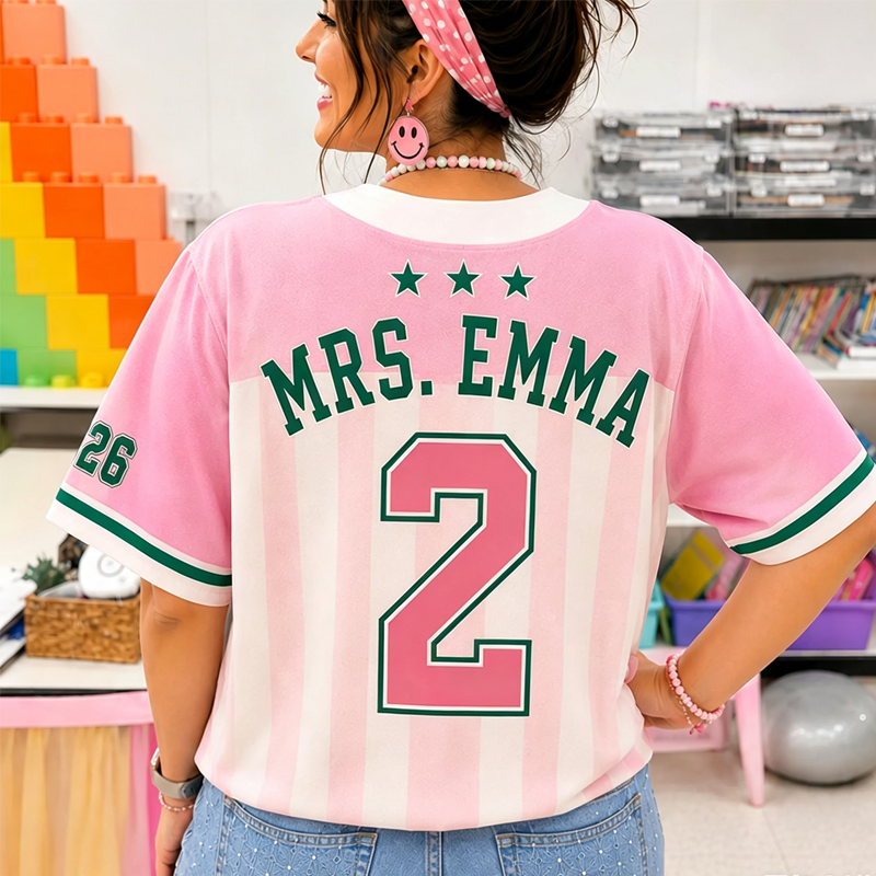 Personalized Name And Number Striped Apple Star Print Teacher Baseball Jersey