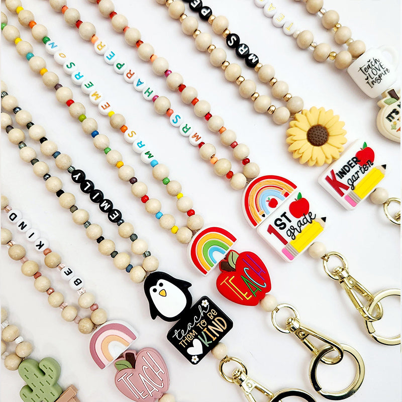 Personalized Name And Grade Book Flower Teacher Lanyard