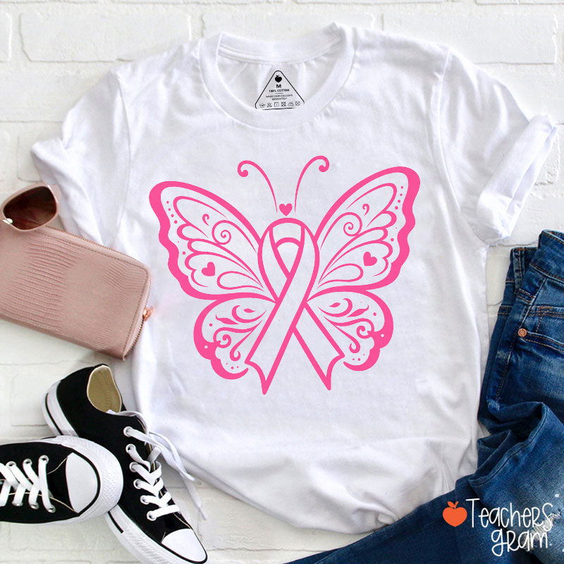 Pink Ribbon Butterfly Breast Cancer Awareness Teacher T-Shirt