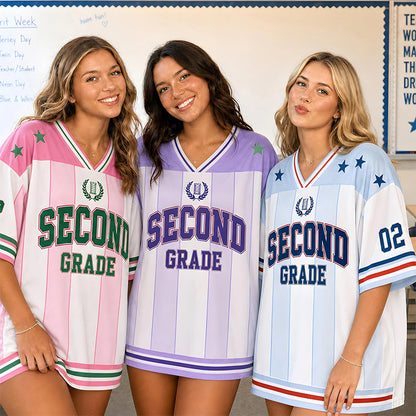 Personalized Grade Preppy Stripes Star First Day Teacher Mesh Jersey