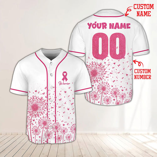 Personalized Name And Number Breast Cancer Warrior Pink Ribbon Dandelion Teacher Baseball Jersey