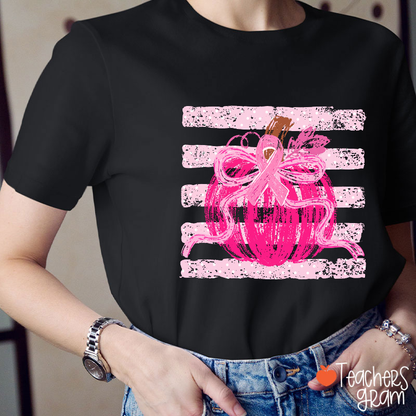 Halloween Pink Pumpkin Cancer Ribbon Vintage Grunge Stripe Graphic Teacher T-Shirt