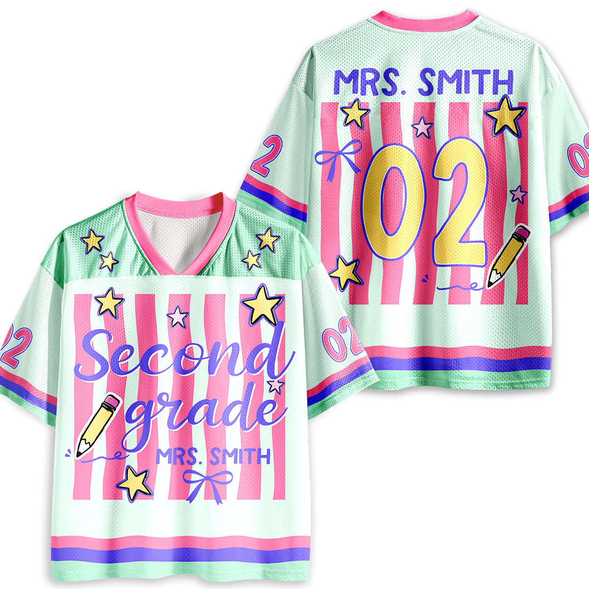 Personalized Grade And Name Preppy Stripes Star Pencil Teacher Mesh Jersey
