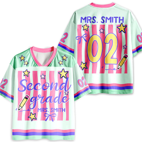 Personalized Grade And Name Preppy Stripes Star Pencil Teacher Mesh Jersey
