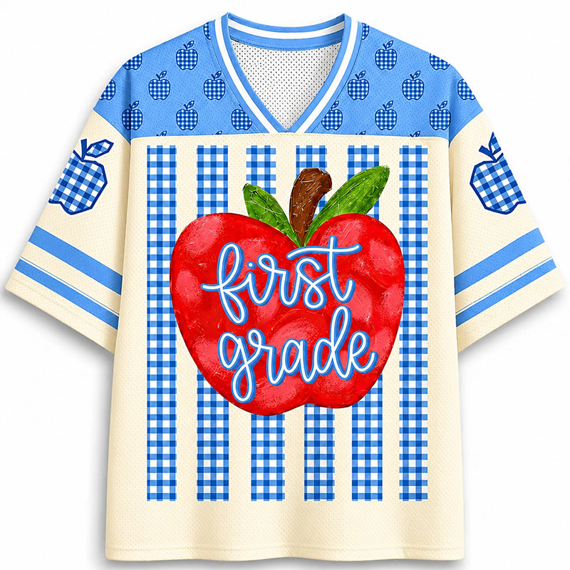 Personalized Grade Apple Gingham Stripe Teacher Mesh Jersey